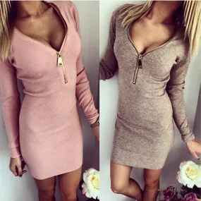 Deep V-neck Long Sleeves Bodycon Mini Club Dress