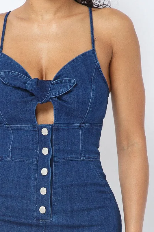 DENIM ROMPER WITH FRONT CUTOUT AND BUTTONS