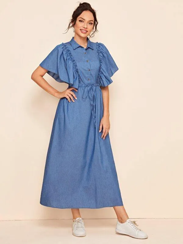 Drawstring Waist Butterfly Sleeve Shirt Dress