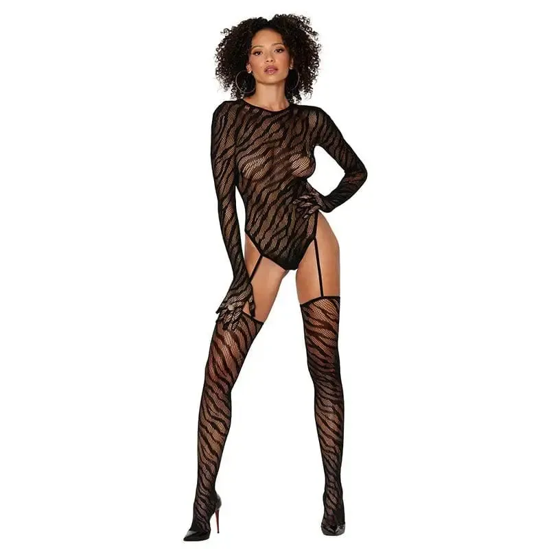 Dreamgirl Zebra Fishnet Bodystocking with Finger Gloves