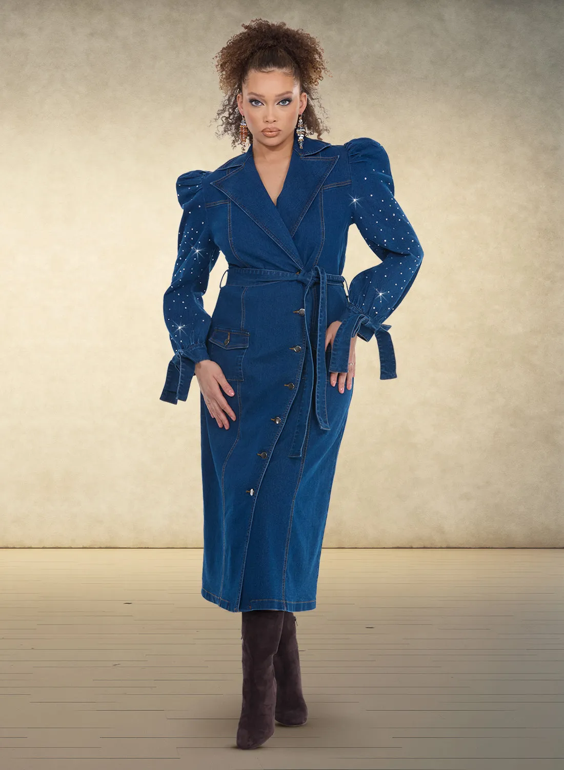 DV Jeans 8500 - Blue - Premium Quality Stretch Denim Dress/Coat Trimmed With Rhinestones