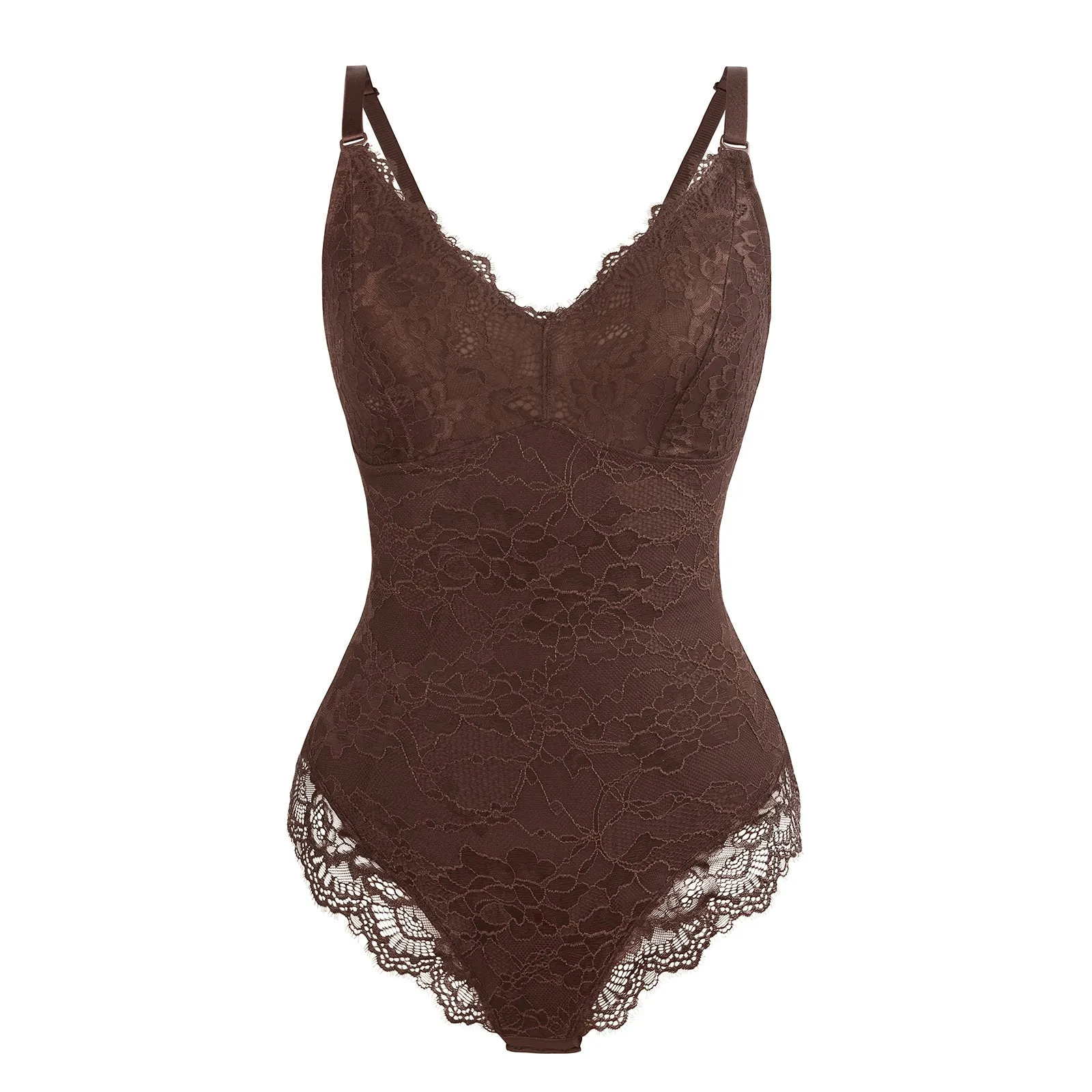 Elegant Cocoa Lace Deep V Slimming Tummy Control Bodysuit