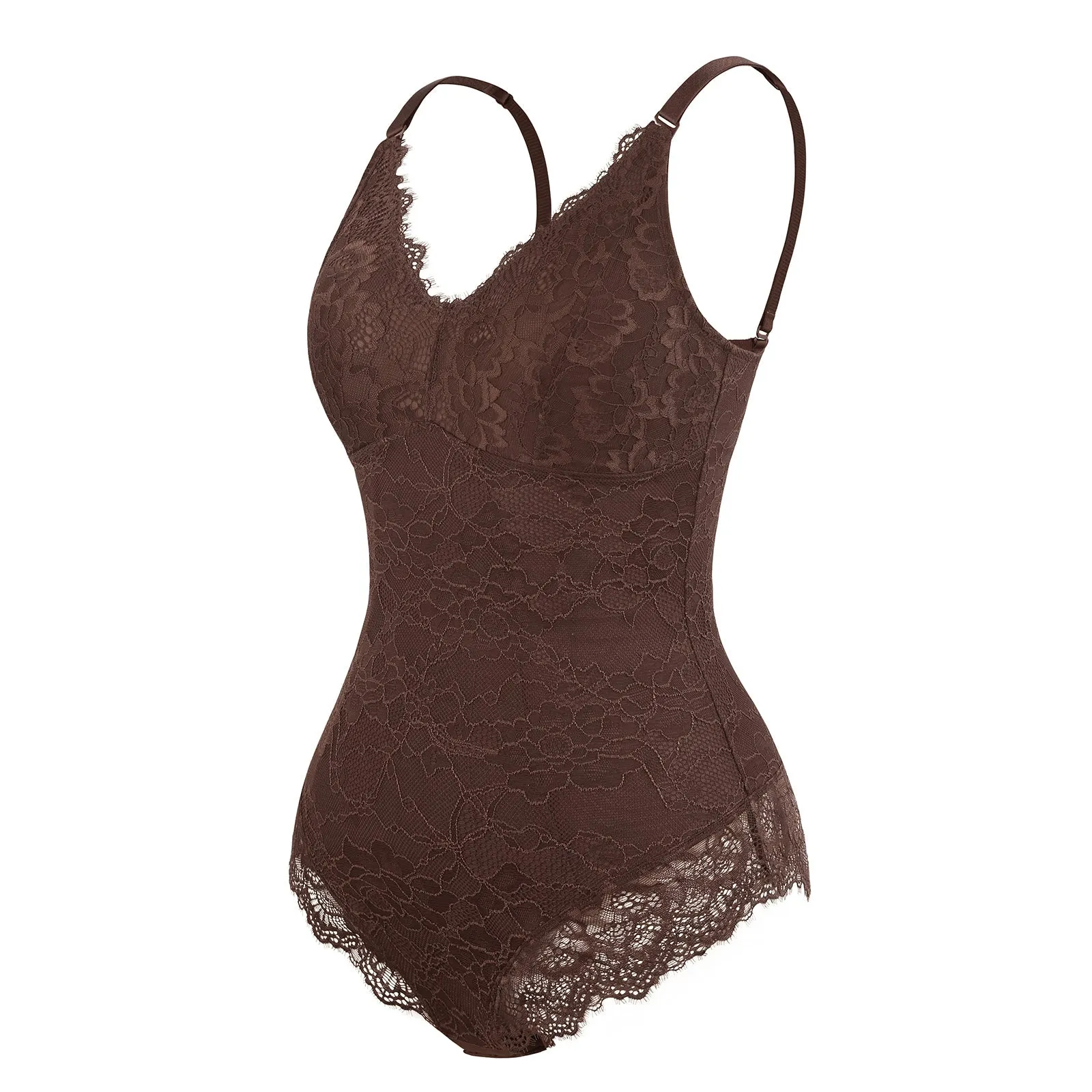 Elegant Cocoa Lace Deep V Slimming Tummy Control Bodysuit