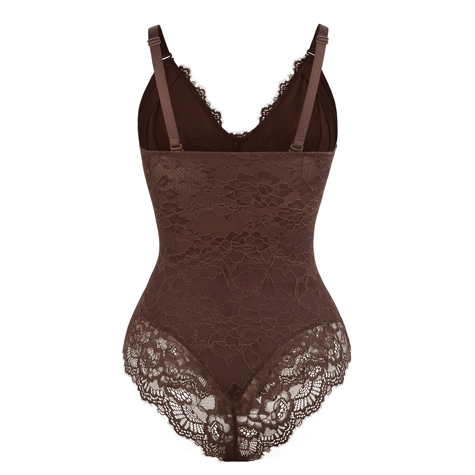 Elegant Cocoa Lace Deep V Slimming Tummy Control Bodysuit