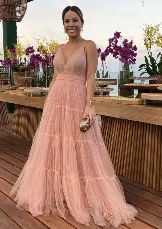 Elegant Long Pink Evening Dresses A-Line Floor Length Prom Formal Dress for Women    fg5636