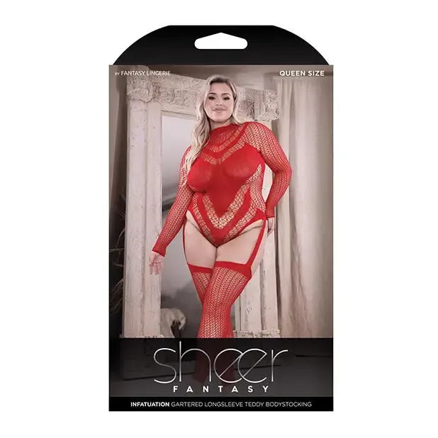 Fantasy Lingerie Sheer Infatuation Open Back Longsleeve Teddy Bodystocking Red Queen Size