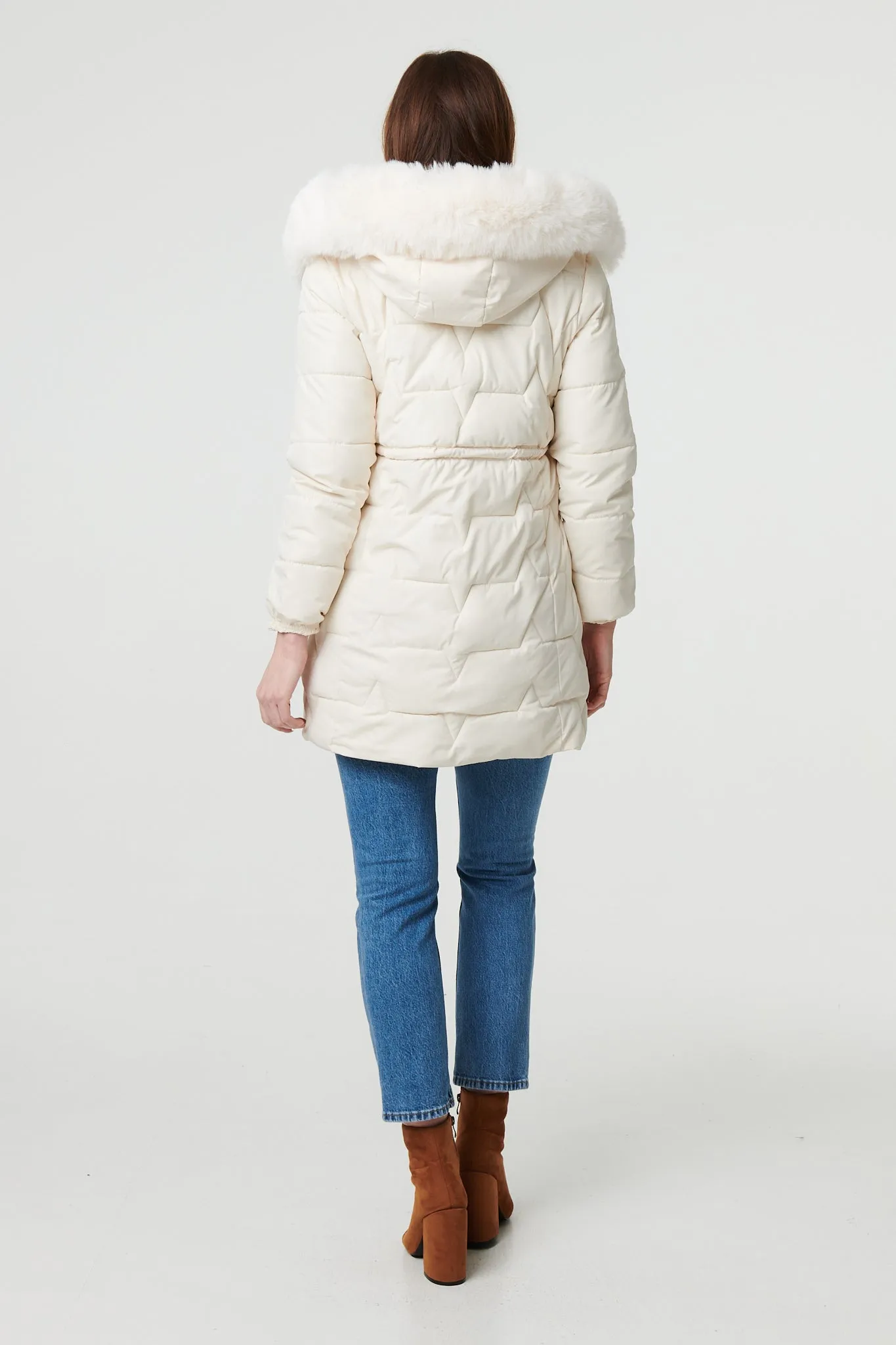 Faux Fur Hooded Tie Waist Puffer Jacket