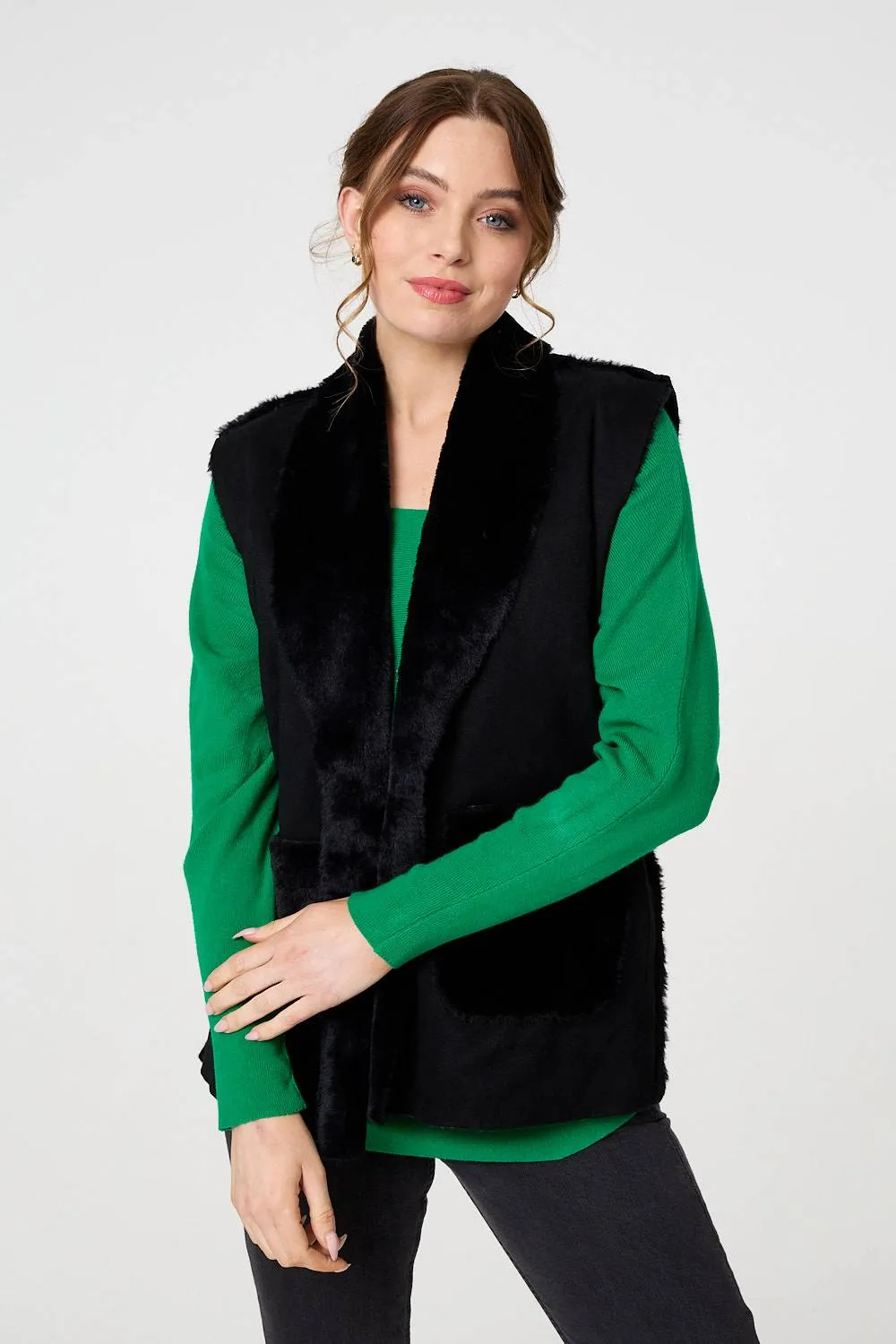 Faux Fur Lined Suede Pocket Front Vest