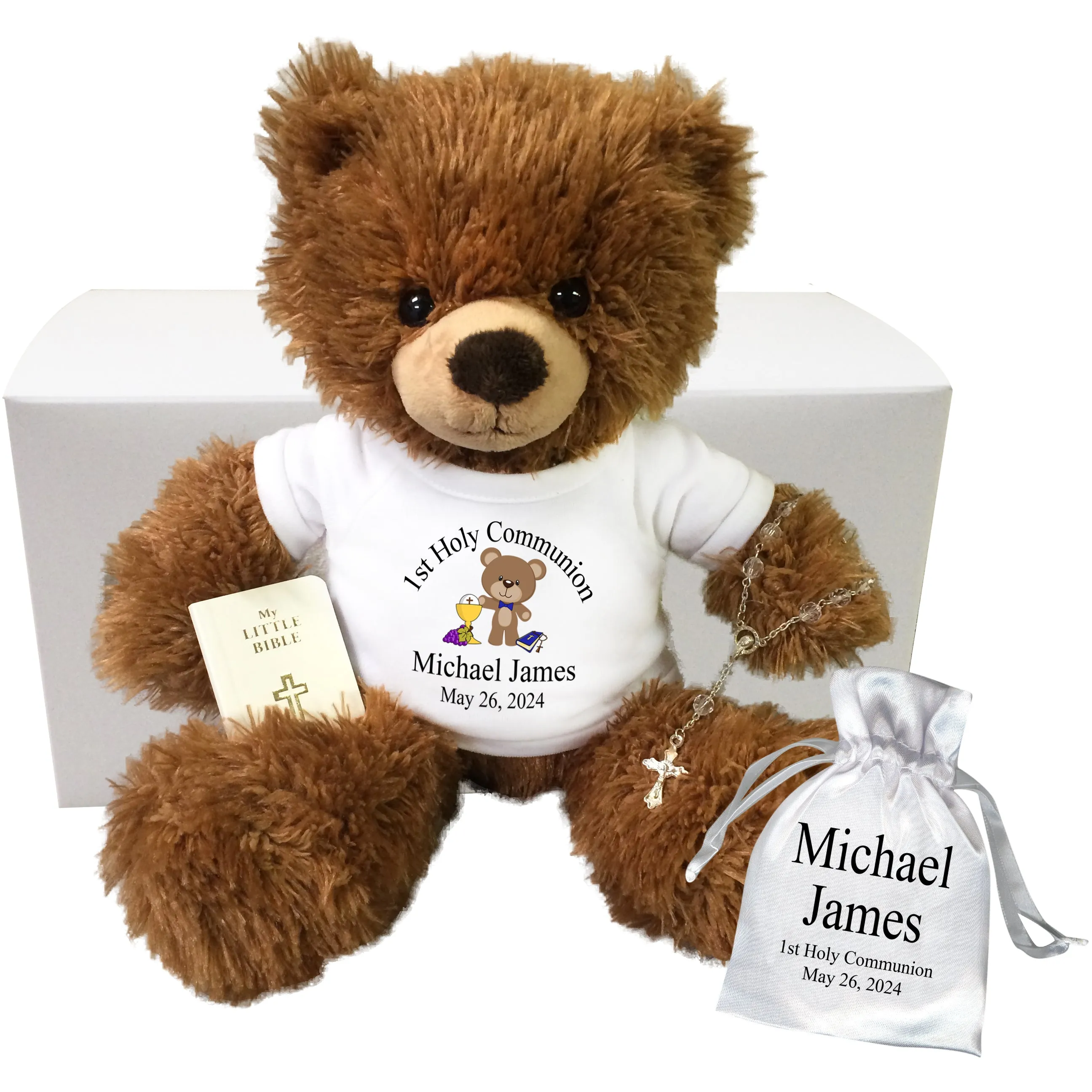 First Communion Teddy Bear Gift Set - Personalized 14" Brown Tummy Bear