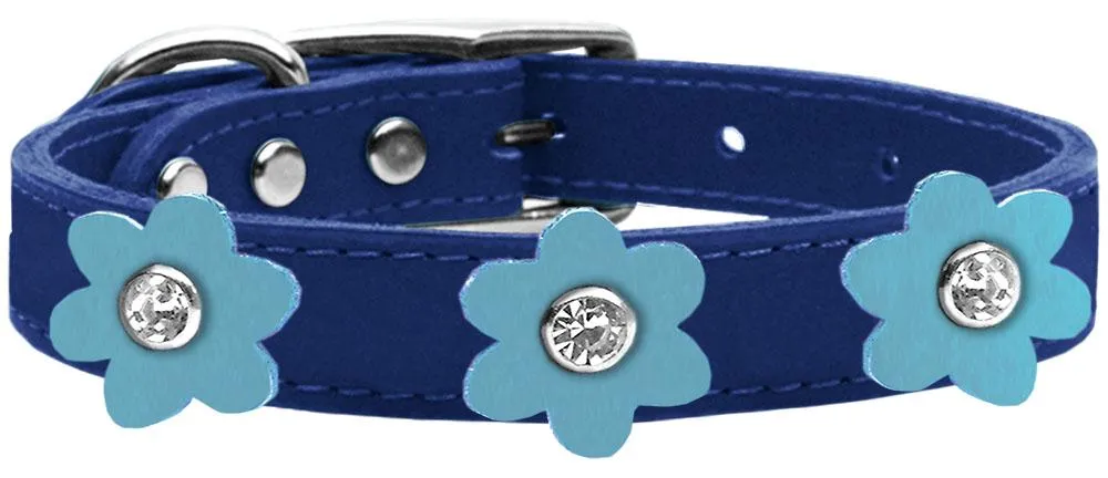 Flower Leather Collar Blue With Baby Blue Flowers Size 14