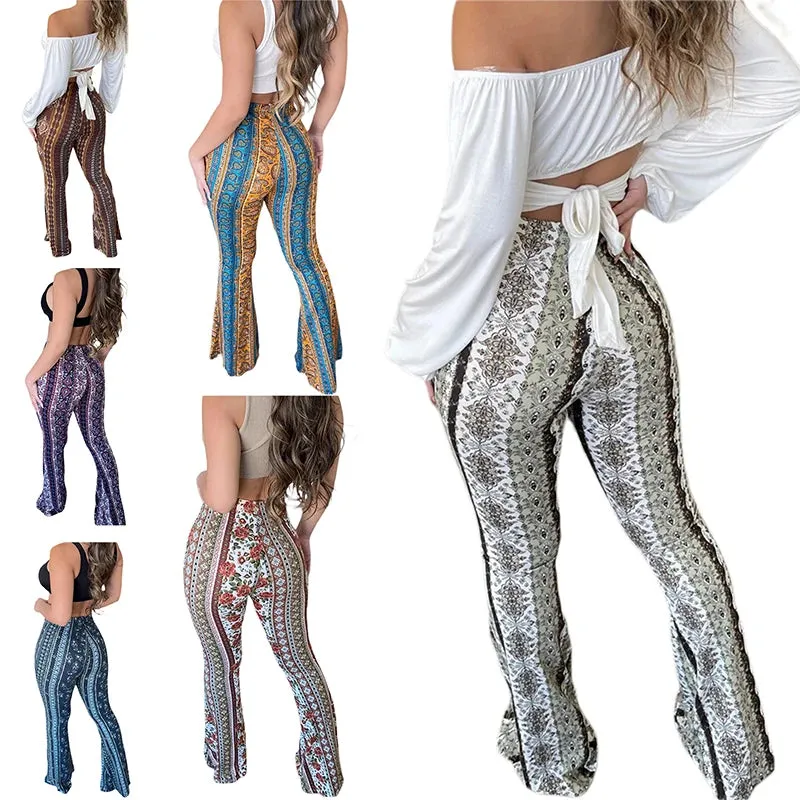 Frauen Boho Flare Pants Ethnic Tribal Print Bell Bottom Yoga Palazzo Hose