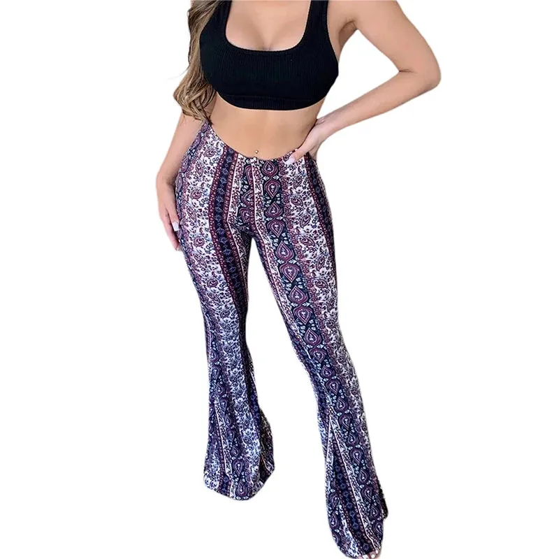 Frauen Boho Flare Pants Ethnic Tribal Print Bell Bottom Yoga Palazzo Hose