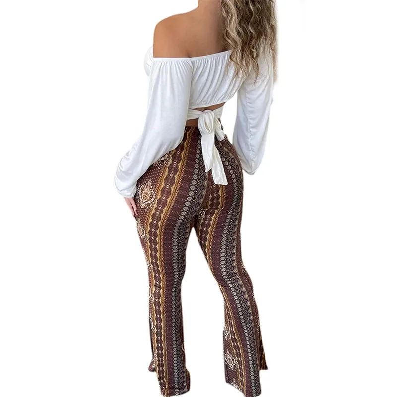 Frauen Boho Flare Pants Ethnic Tribal Print Bell Bottom Yoga Palazzo Hose