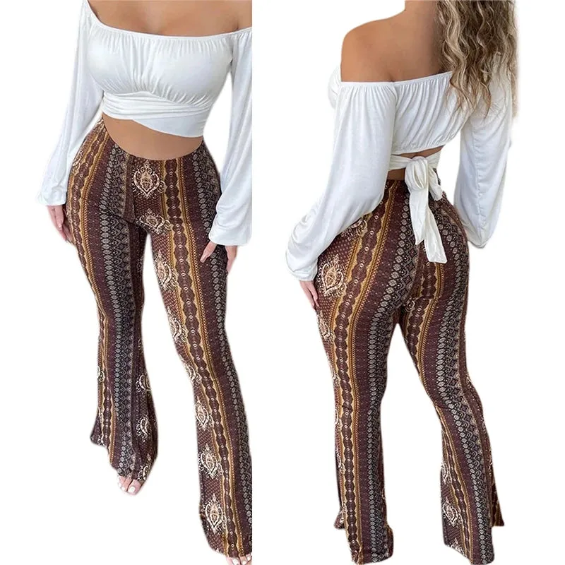 Frauen Boho Flare Pants Ethnic Tribal Print Bell Bottom Yoga Palazzo Hose