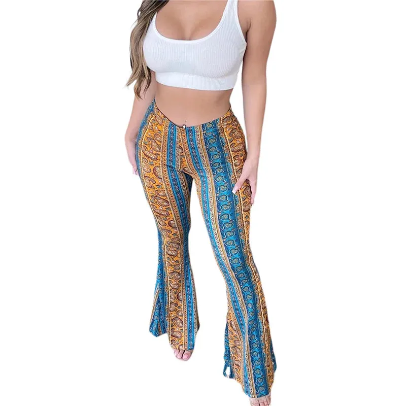 Frauen Boho Flare Pants Ethnic Tribal Print Bell Bottom Yoga Palazzo Hose