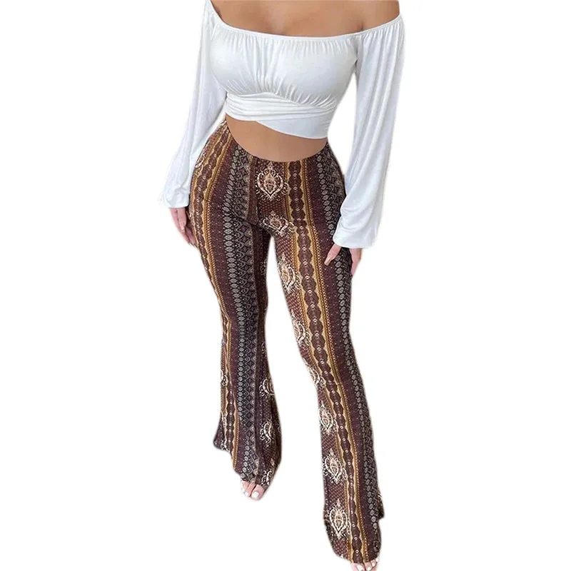 Frauen Boho Flare Pants Ethnic Tribal Print Bell Bottom Yoga Palazzo Hose