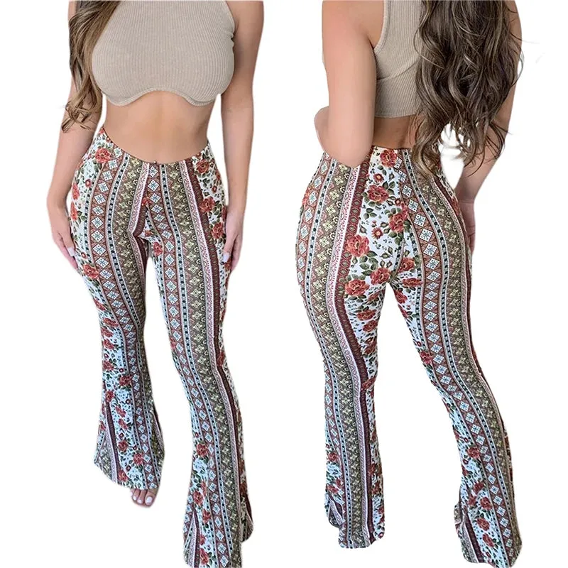 Frauen Boho Flare Pants Ethnic Tribal Print Bell Bottom Yoga Palazzo Hose