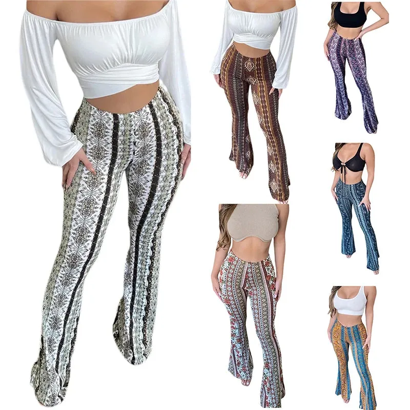 Frauen Boho Flare Pants Ethnic Tribal Print Bell Bottom Yoga Palazzo Hose