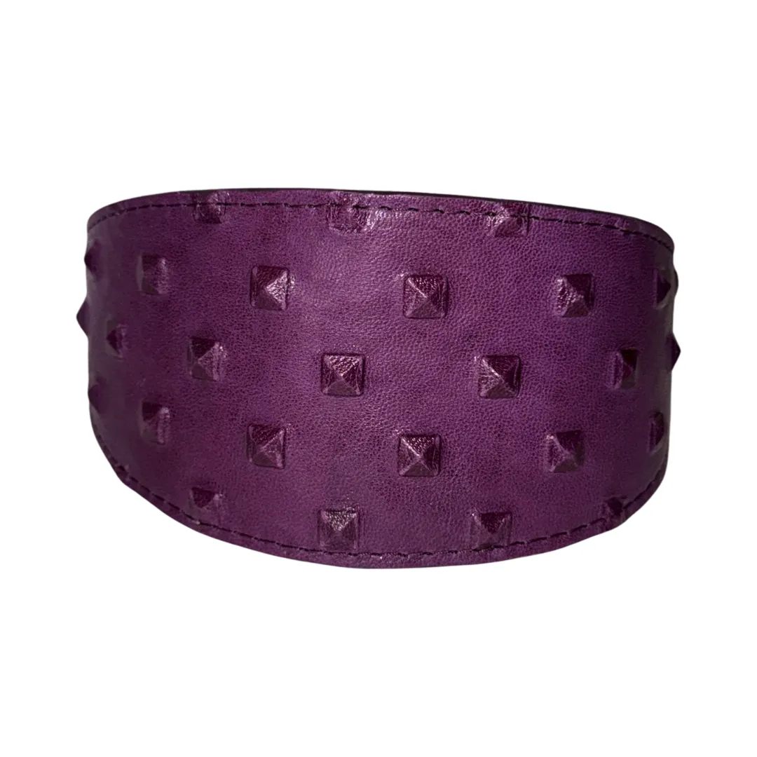 Glamorous Boysenberry, Embossed Studded Italian Leather 3” Wide Style Collar