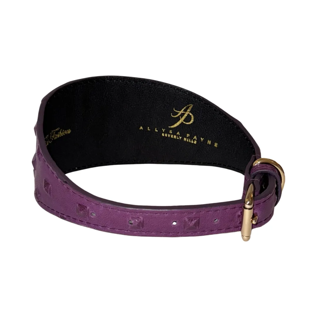 Glamorous Boysenberry, Embossed Studded Italian Leather 3” Wide Style Collar