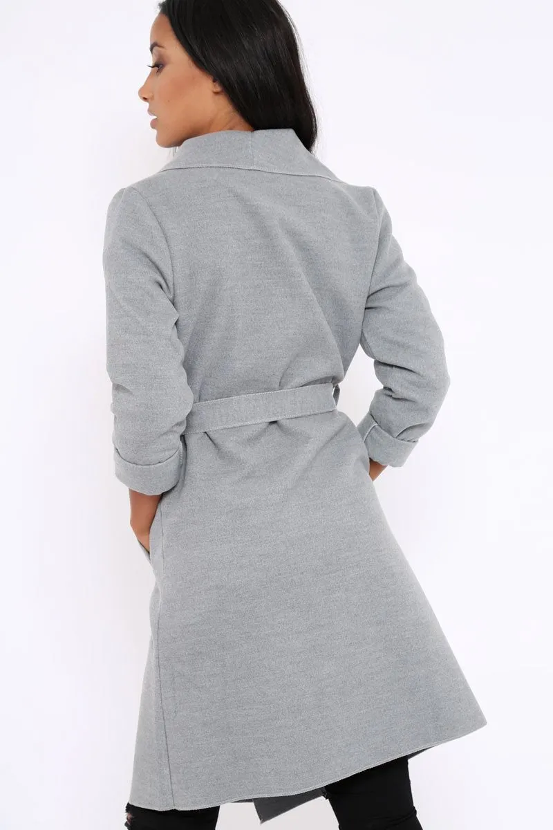 Grey Long Length Waterfall Belted Coat - Cindy