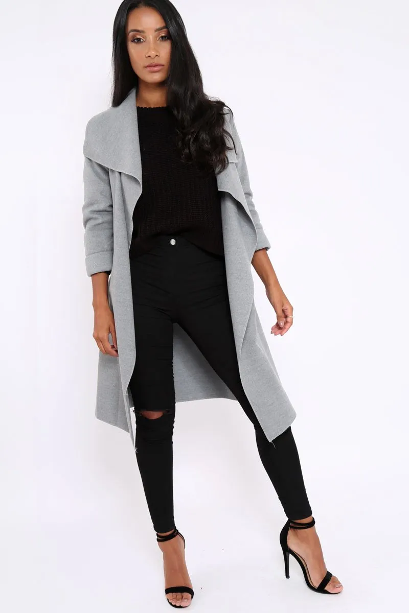 Grey Long Length Waterfall Belted Coat - Cindy