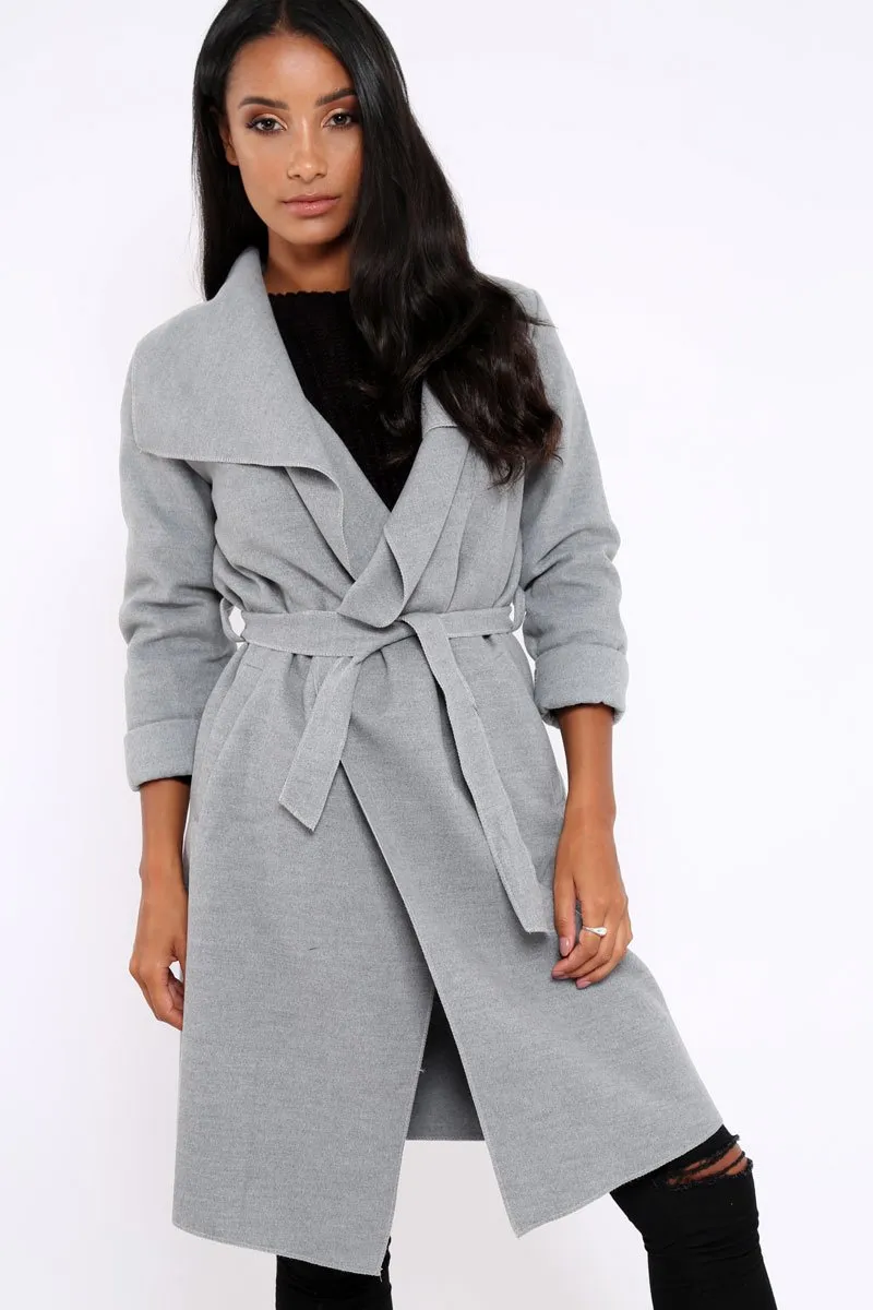 Grey Long Length Waterfall Belted Coat - Cindy