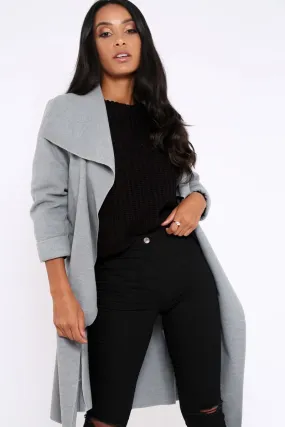 Grey Long Length Waterfall Belted Coat - Cindy