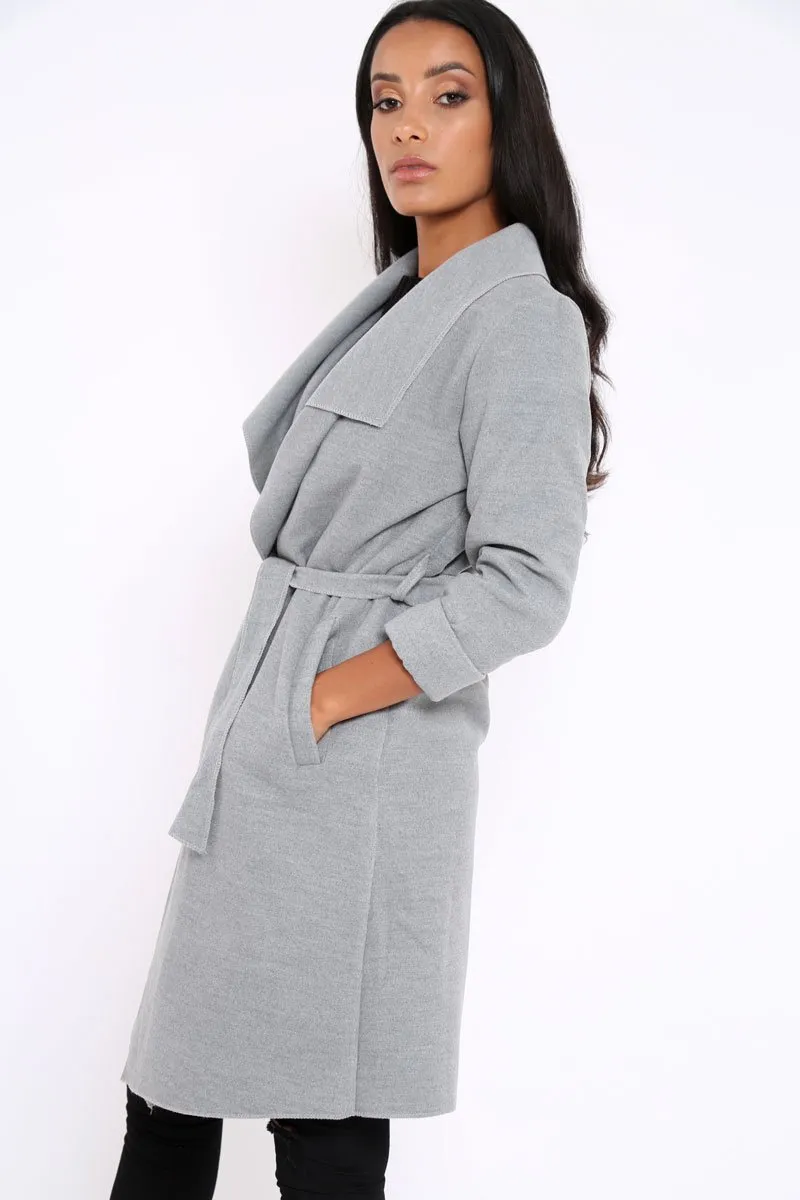 Grey Long Length Waterfall Belted Coat - Cindy