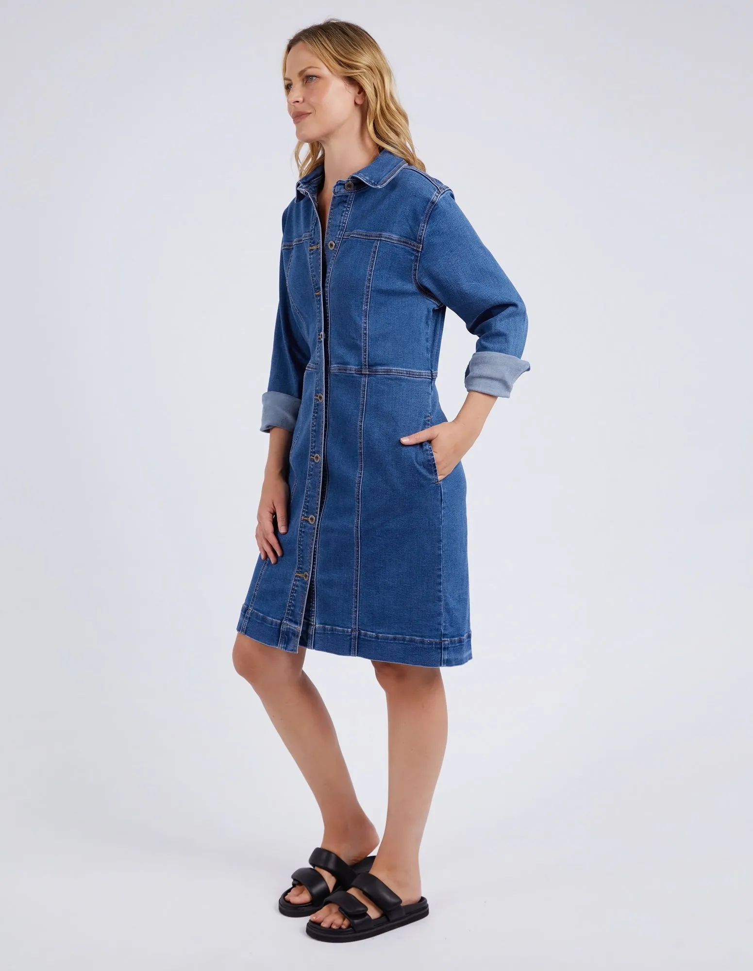 Gwen Long Sleeve Denim Dress Mid Blue Wash