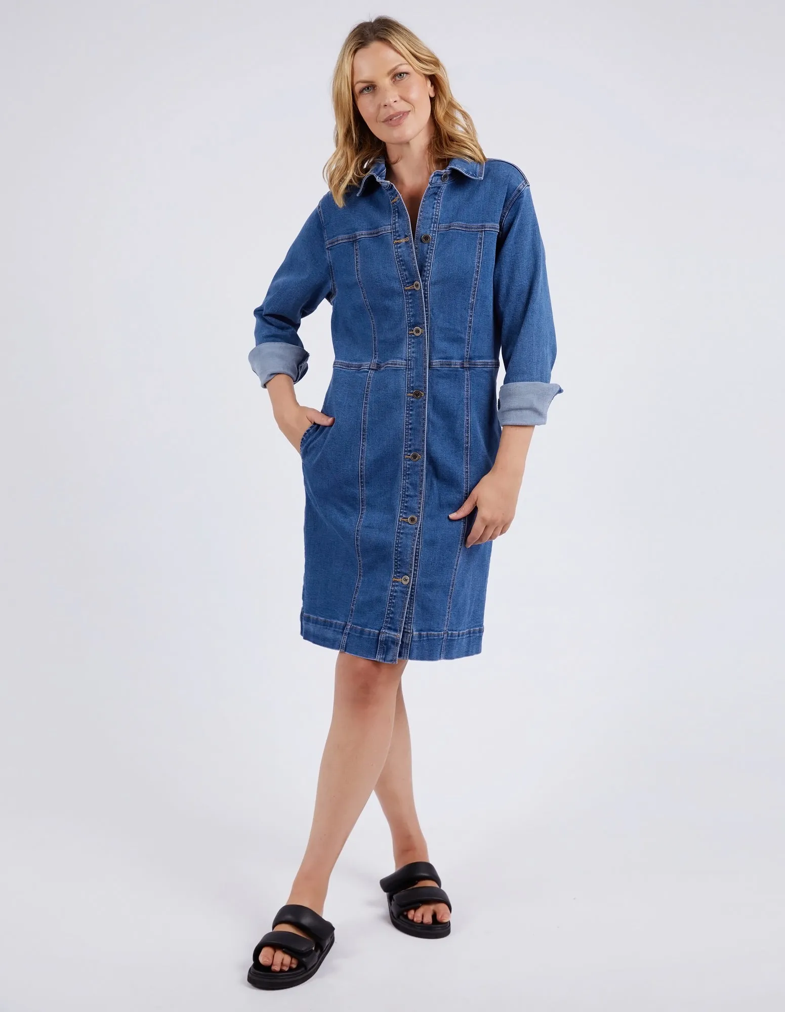 Gwen Long Sleeve Denim Dress Mid Blue Wash