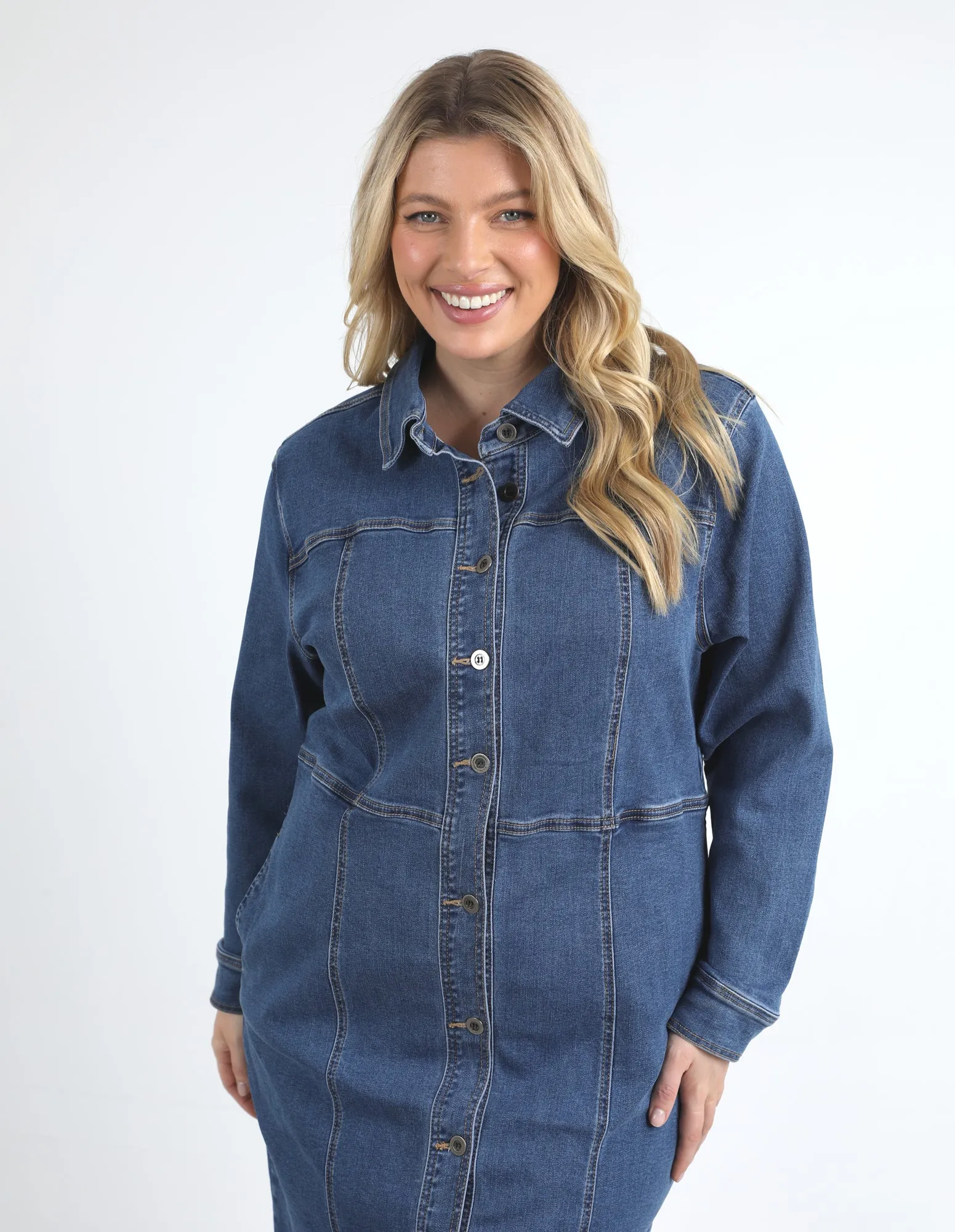 Gwen Long Sleeve Denim Dress Mid Blue Wash