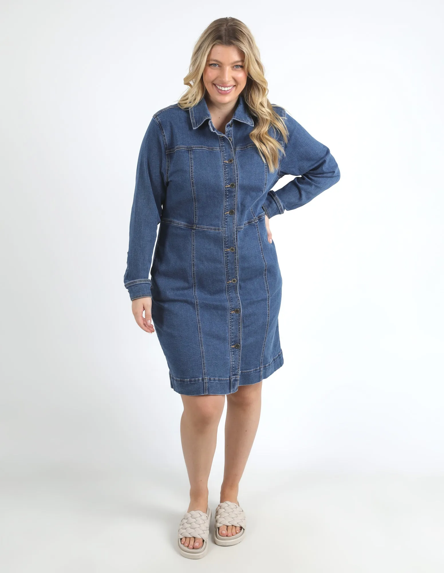 Gwen Long Sleeve Denim Dress Mid Blue Wash