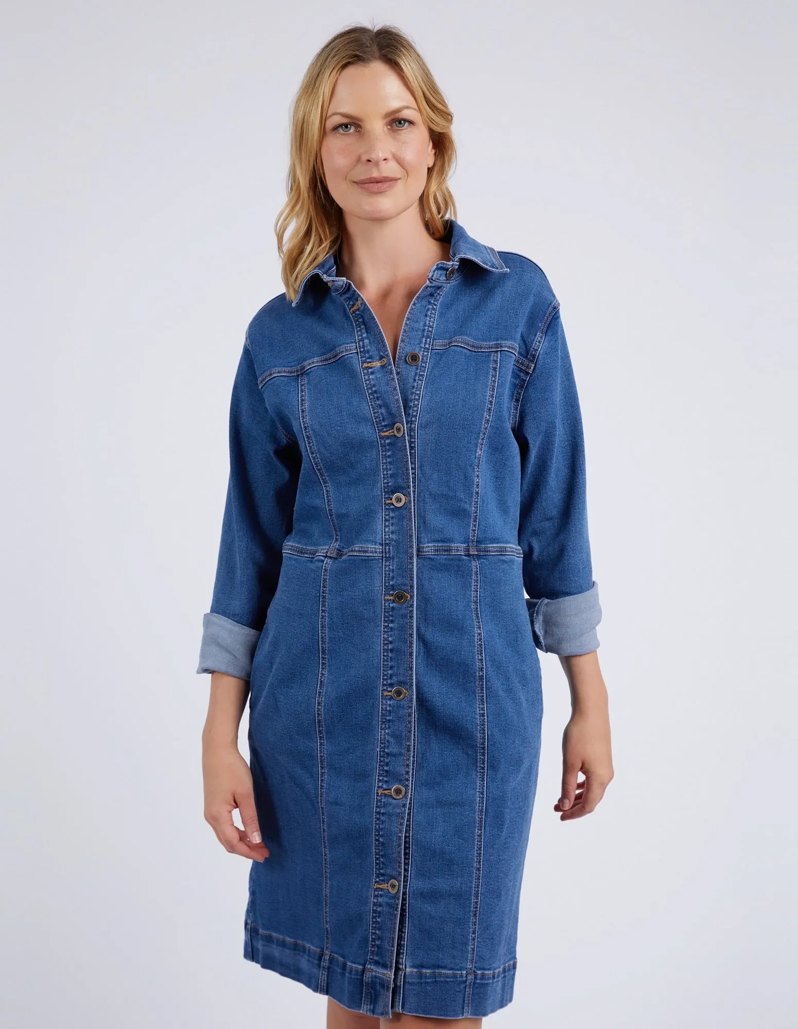 Gwen Long Sleeve Denim Dress Mid Blue Wash