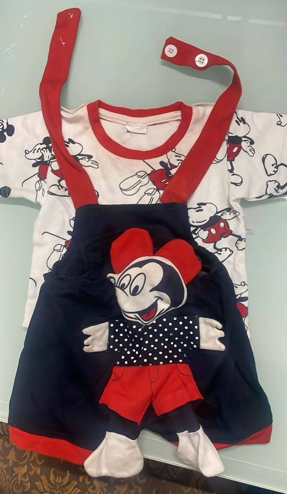 Half sleeves romper set White - Blue Mickey design