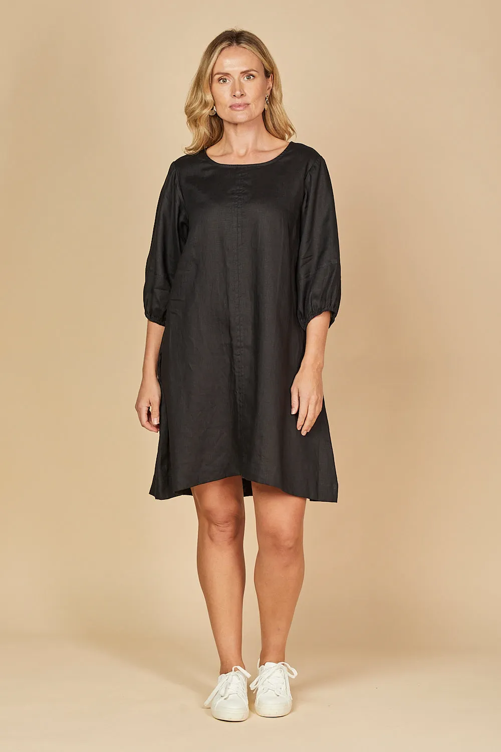 Hazel Short Linen Shift Dress in Black