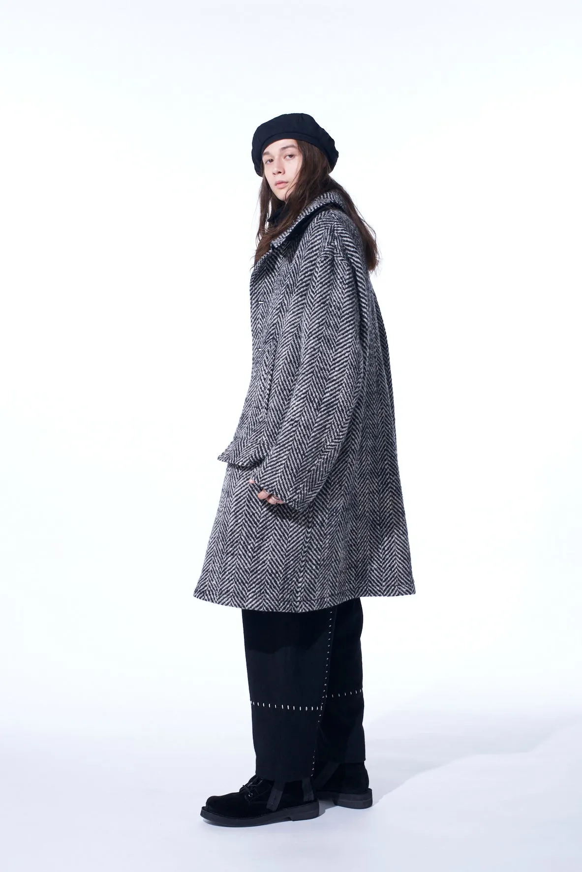 HERRINGBONE TWEED OVERSIZED SOUTIEN COLLAR COAT