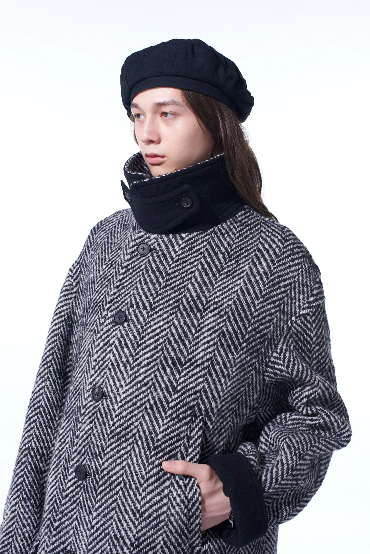 HERRINGBONE TWEED OVERSIZED SOUTIEN COLLAR COAT