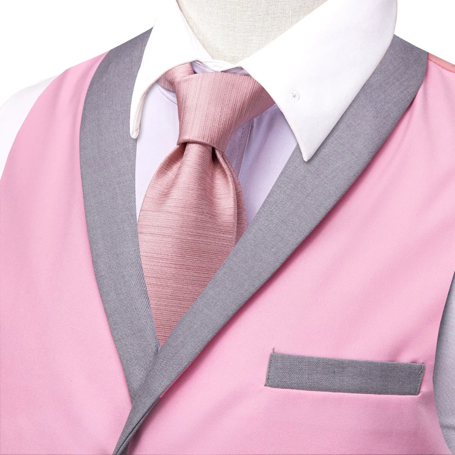 Hi-Tie Grey Shawl Collar Pink Solid Waistcoat Formal Vests for Business