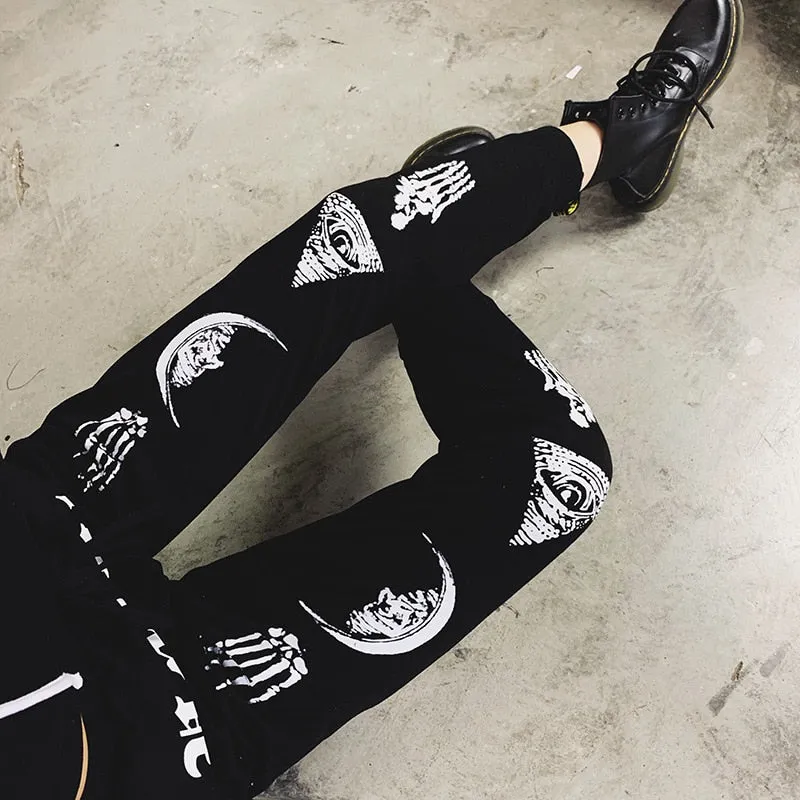 Hot Goth Gothic Skull Moon Print Casual Pants High Waist Lack Lace Up Sweatpants Punk Trousers