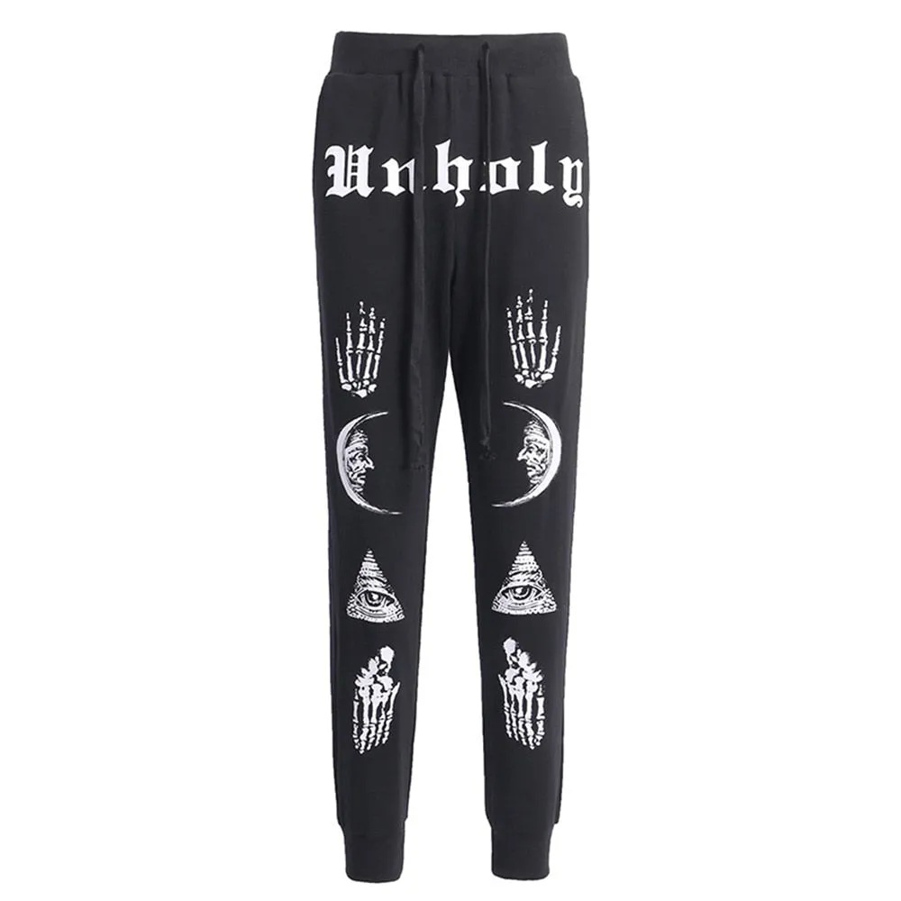 Hot Goth Gothic Skull Moon Print Casual Pants High Waist Lack Lace Up Sweatpants Punk Trousers