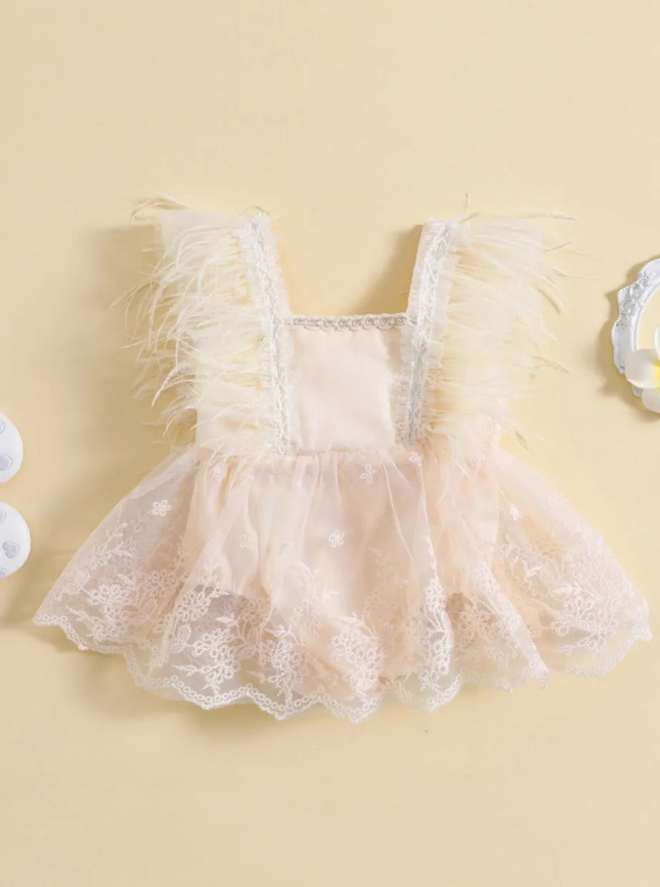 Ivory Feather Romper  with Lace Detail #1000241