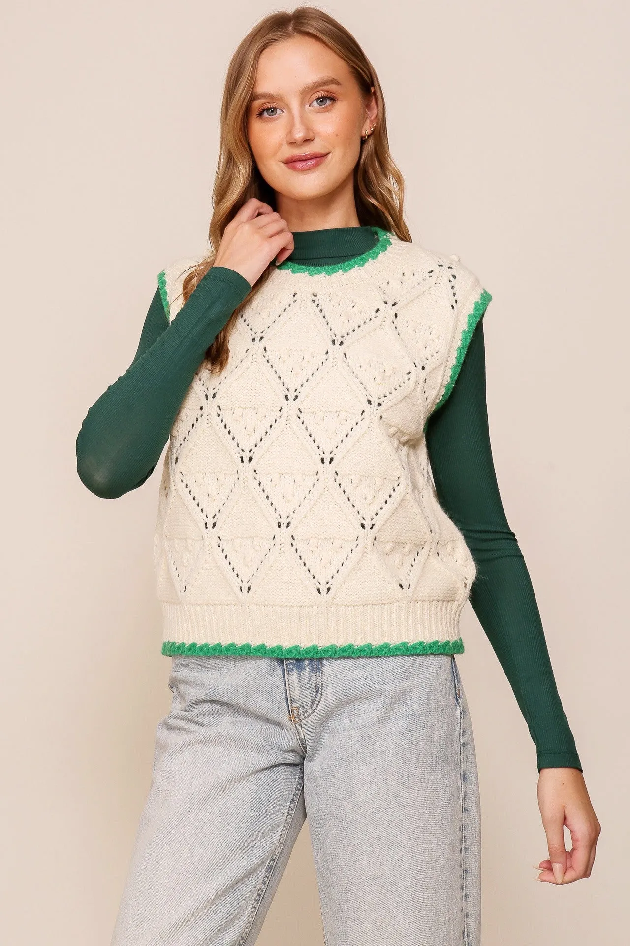 Ivory/Green Diamond Twist Sweater Vest