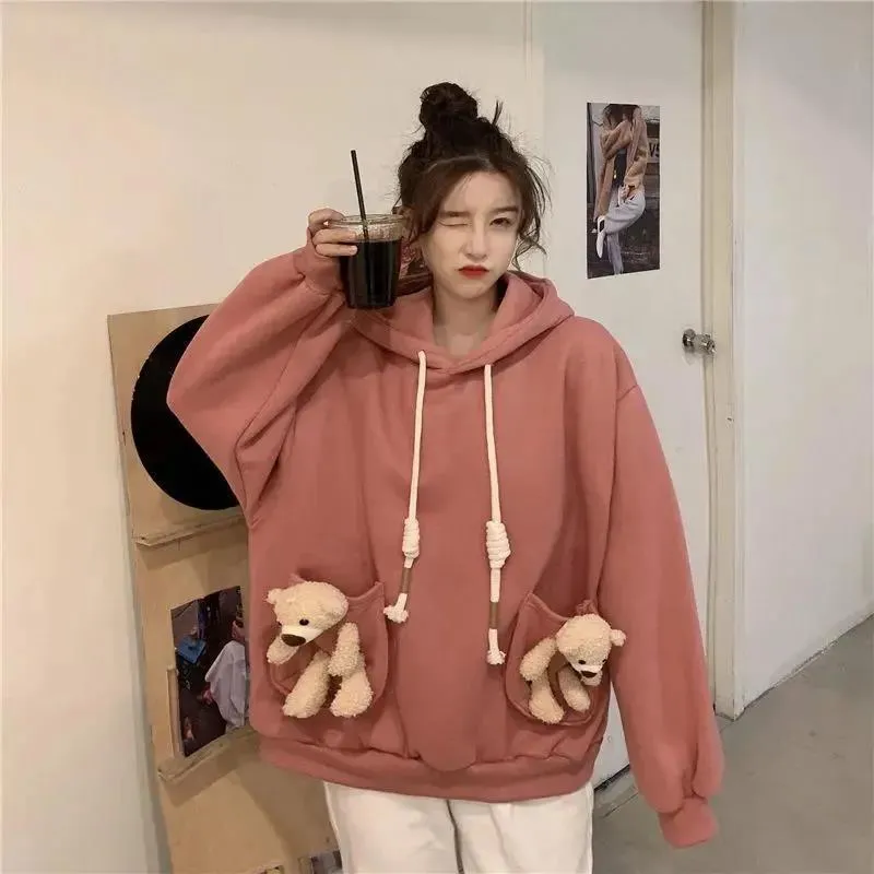 Joskaa Christmas Gift Streetwear Hoodies Women Sweatshirt Autumn Long Sleeve Hoodies Harajuku Hoodie Cute Pocket bear Sweatshirt Women Sudadera Mujer