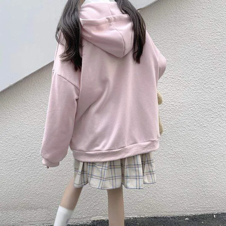 Kawaii Oversized Front Zipper Hooded Baseball Coat