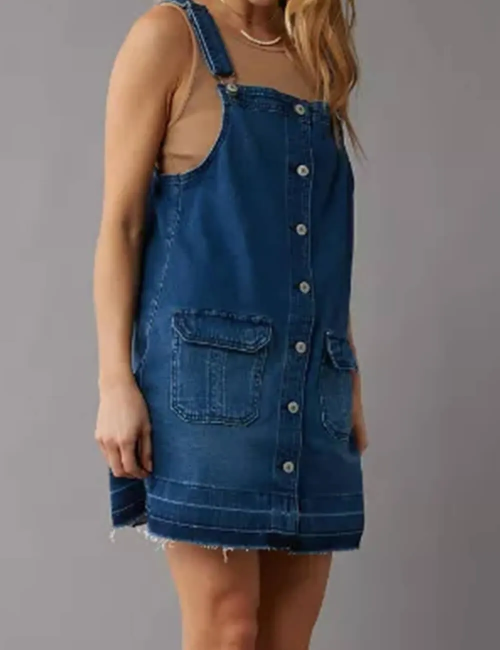 Ladies Button Denim Mini Overall Dress SKD548