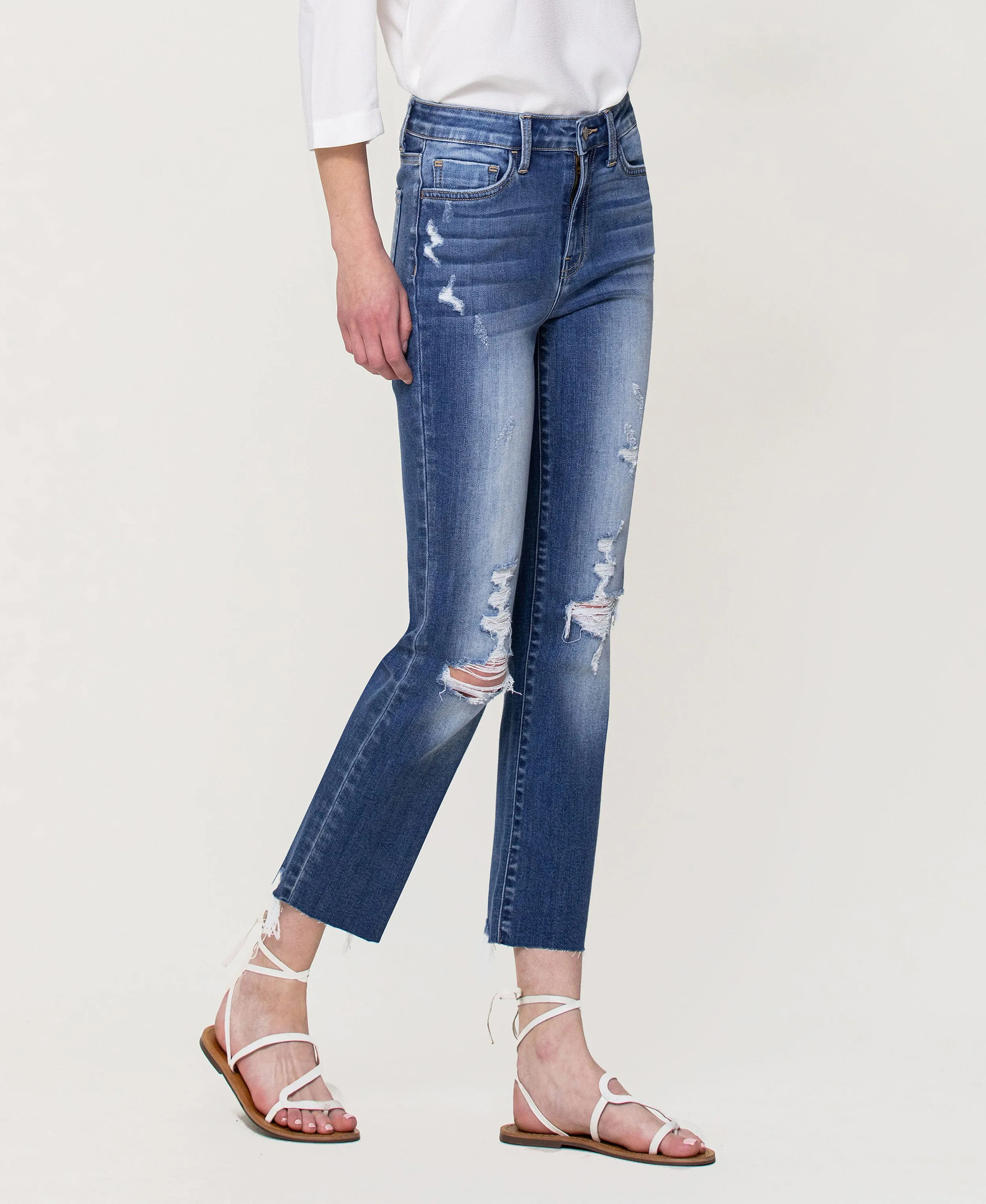 Lani Medium- High Rise Clean Cut & Fray Hem Detail Crop Straight Jeans