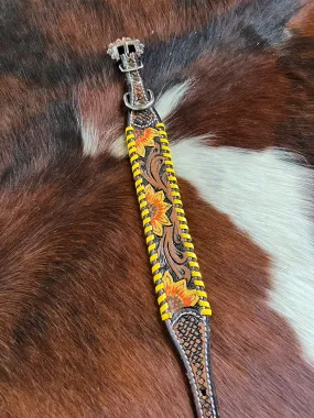 Leather Dog Collar Sunflower tooled leather dog collar with yellow laced trim