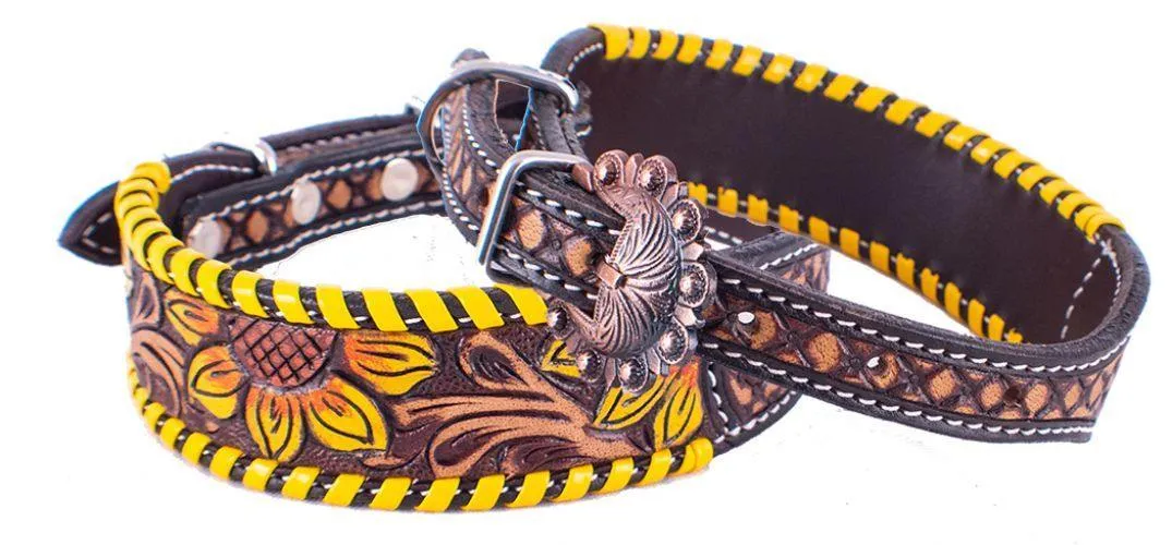 Leather Dog Collar Sunflower tooled leather dog collar with yellow laced trim