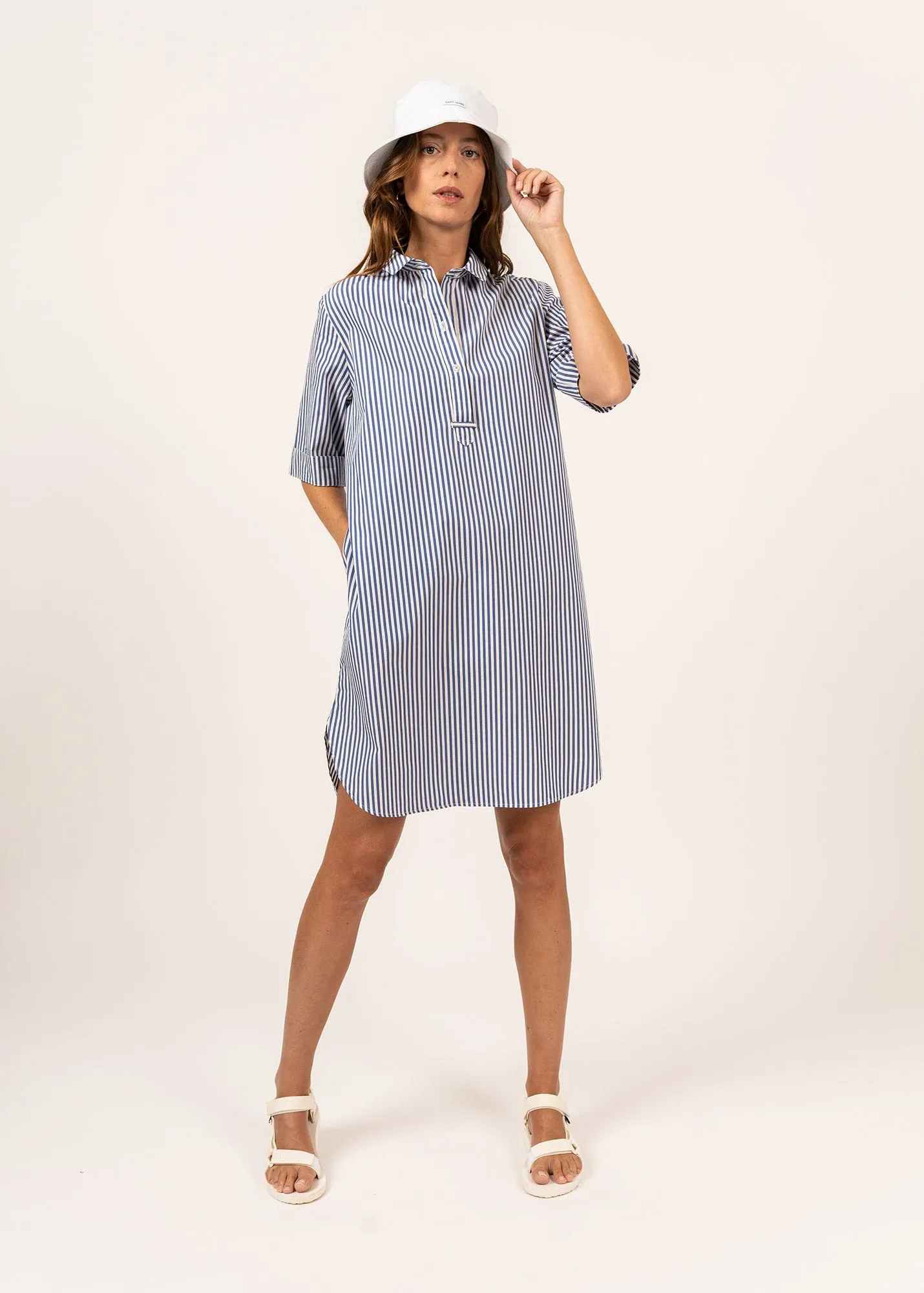 LEONIE - Pinstriped Shirt Dress in Organic Cotton (WHITE / BLUE)